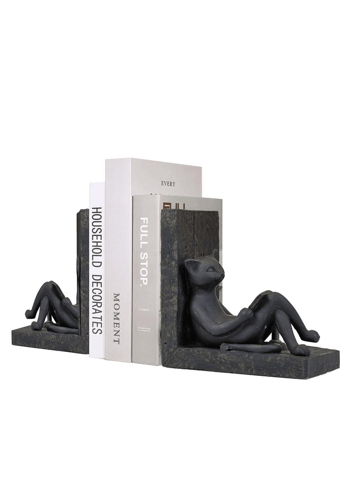 Kitap Okuyan Kedi Kitap Tutucu Biblo Siyah (2 Adet)