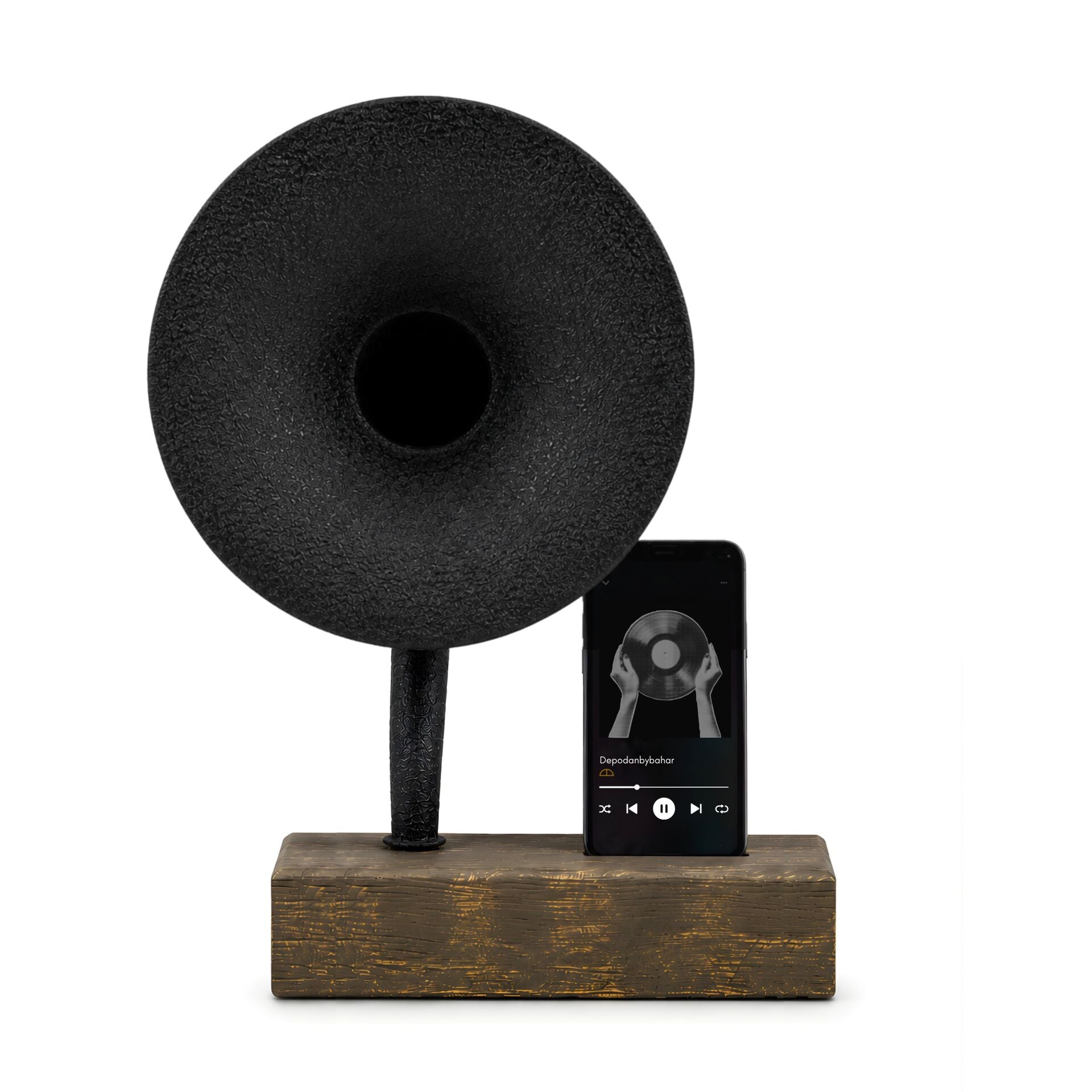 Akustik Gramofon Eskitme Gold Ahşap Gövde / Siyah Metal Başlık