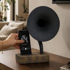 Akustik Gramofon Eskitme Gold Ahşap Gövde / Siyah Metal Başlık