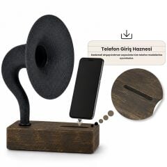 Akustik Gramofon Eskitme Gold Ahşap Gövde / Siyah Metal Başlık