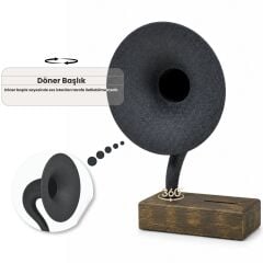 Akustik Gramofon Eskitme Gold Ahşap Gövde / Siyah Metal Başlık