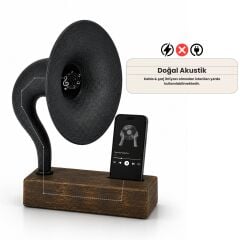 Akustik Gramofon Eskitme Gold Ahşap Gövde / Siyah Metal Başlık